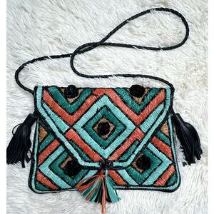 Anthropology ibBan Leather Raffia Tassle Bag Multicolor